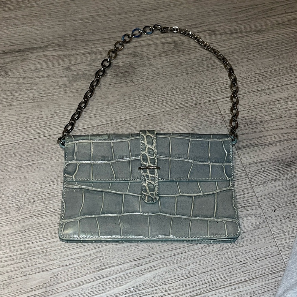 Furla Green Crocodile Embossed Leather Clutch Chain Shoulder Bag Handbag